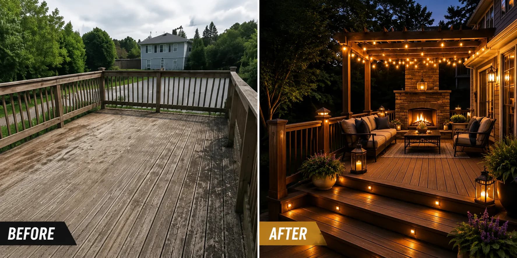 Before and after custom deck transformation by Masterpiece Deck